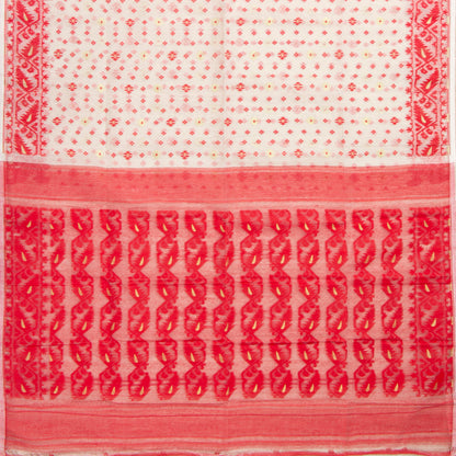 White And Red Dhakai Jamdani Muslin Silk Saree For Party Wear PV MJ 174