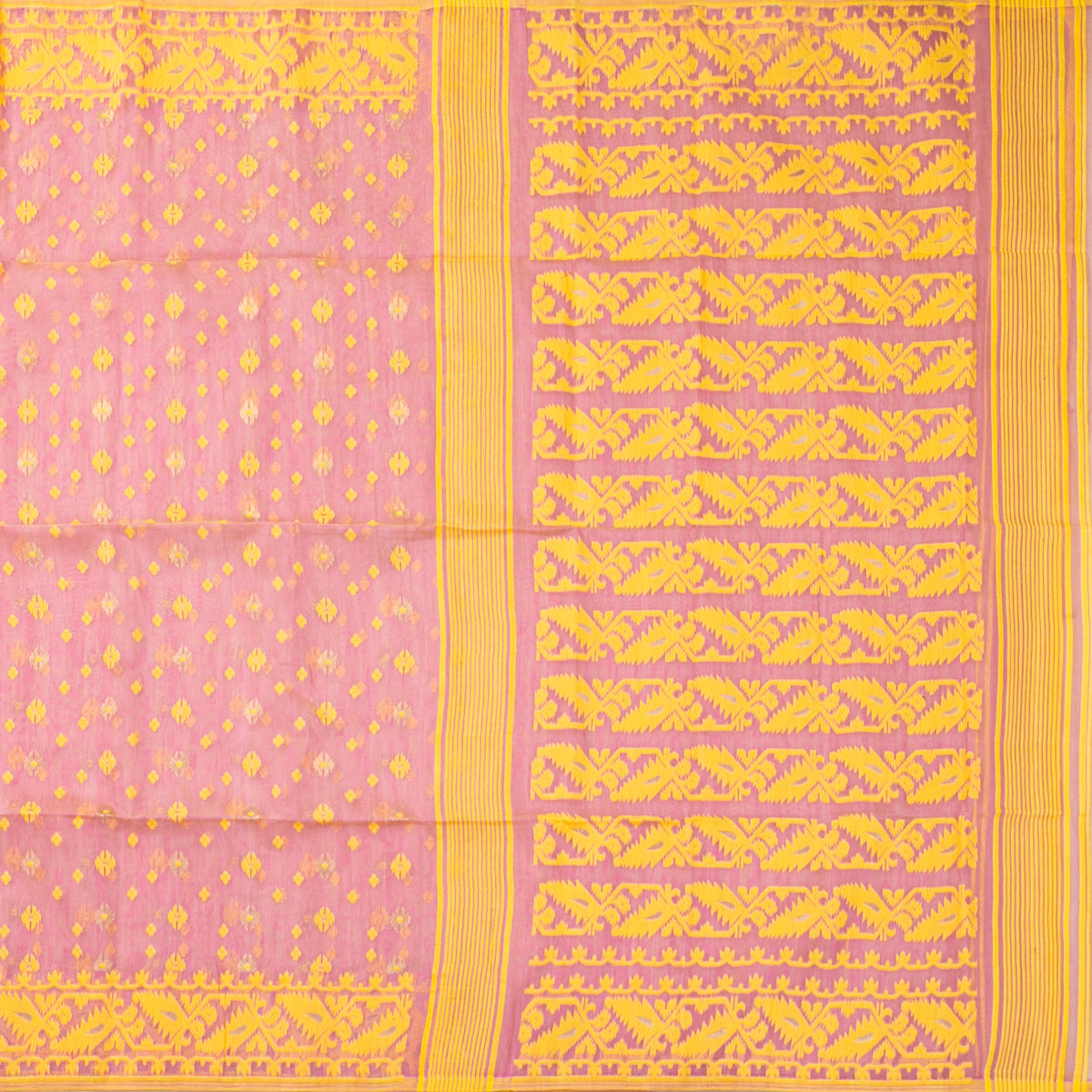 Pink And Yellow Dhakai Jamdani Muslin Silk Saree For Party Wear PV MJ 176