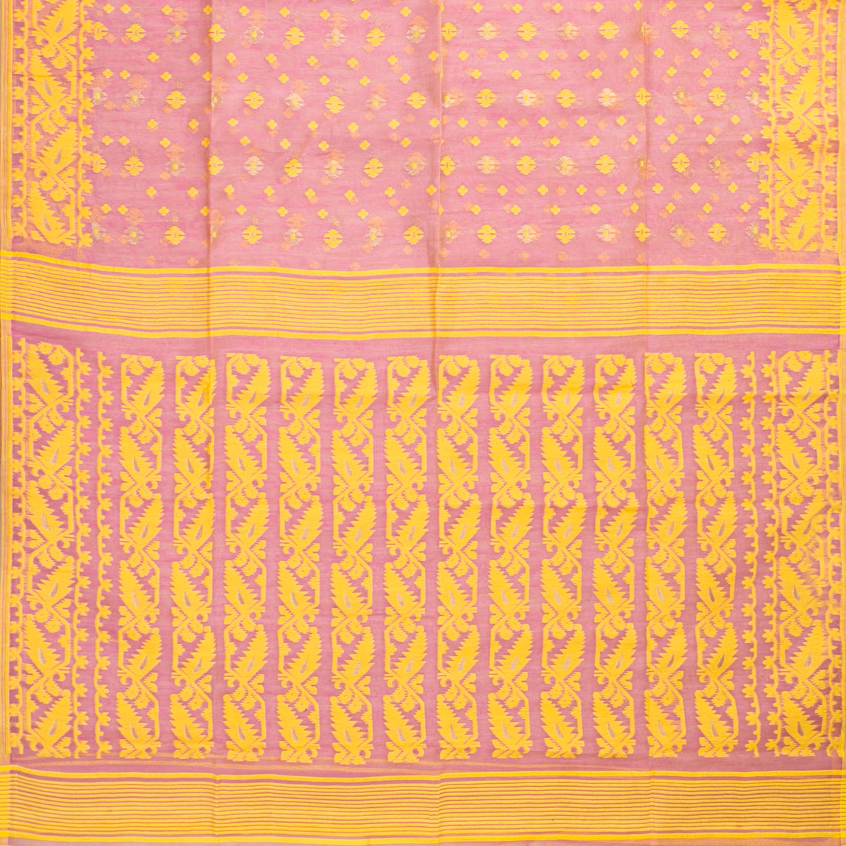 Pink And Yellow Dhakai Jamdani Muslin Silk Saree For Party Wear PV MJ 176