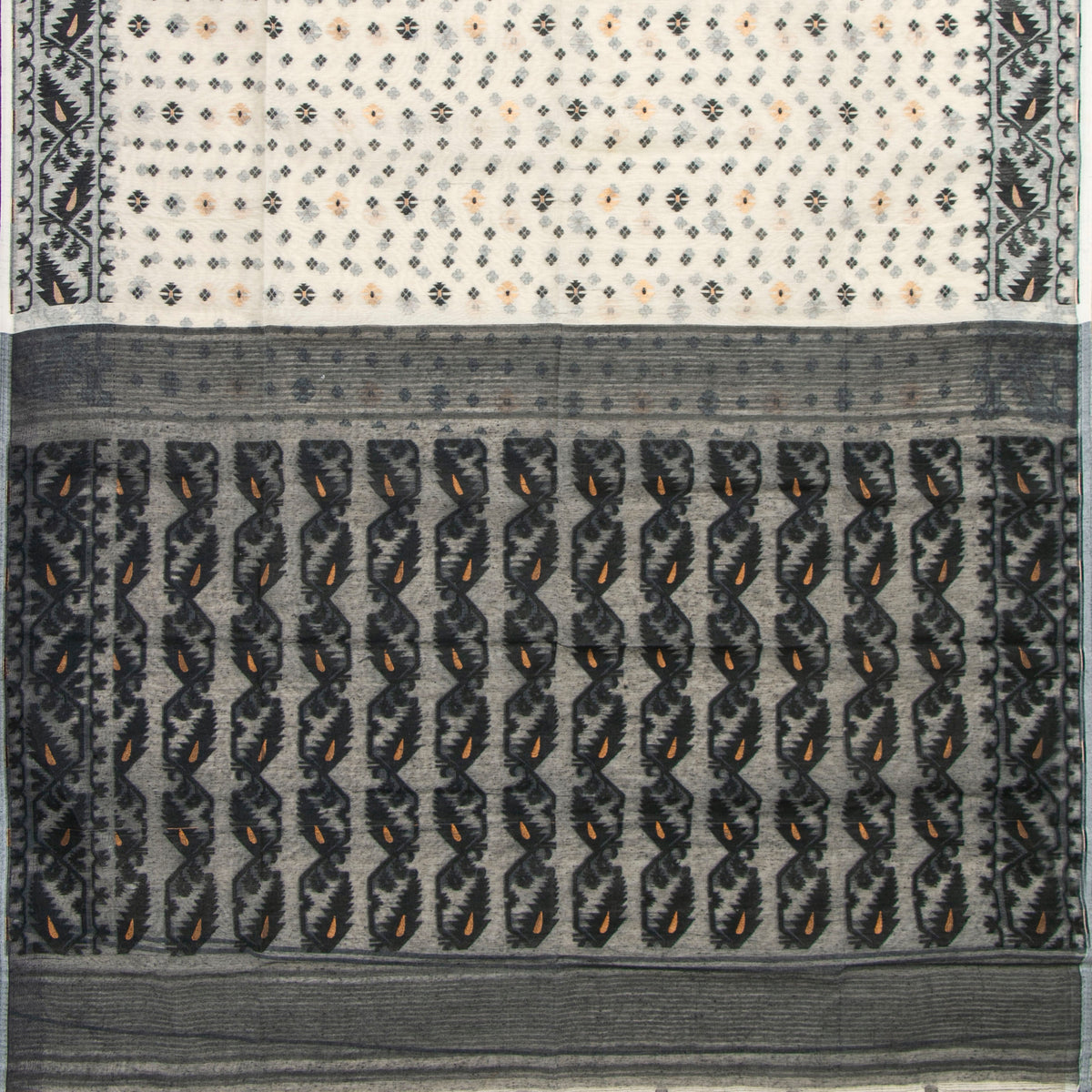 White And Black Dhakai Jamdani Muslin Silk Saree For Party Wear PV MJ 177