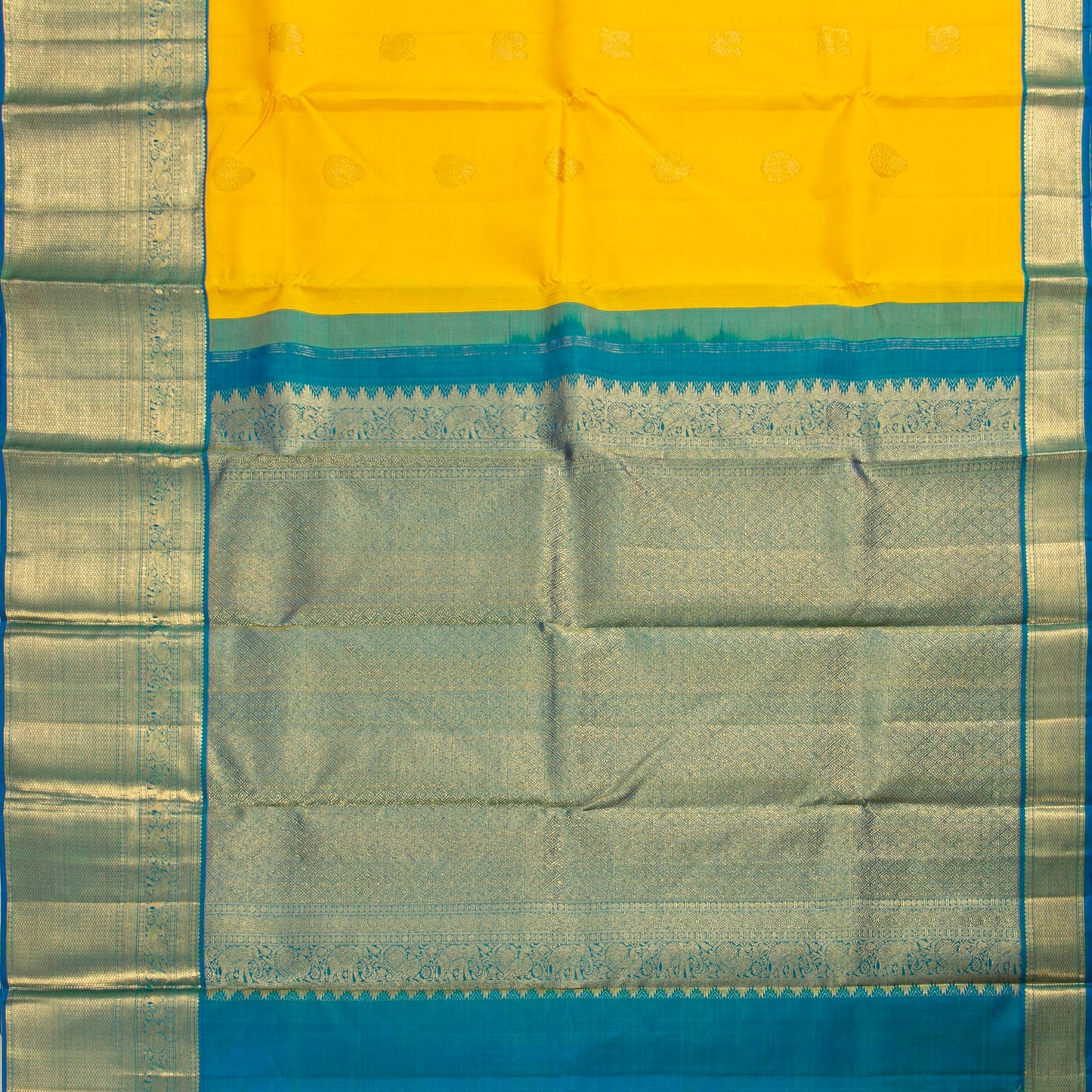 Yellow And Blue Kanchipuram Silk Saree For Festive Wear PV NYC 1848 - Silk Sari - Panjavarnam PV NYC 1848