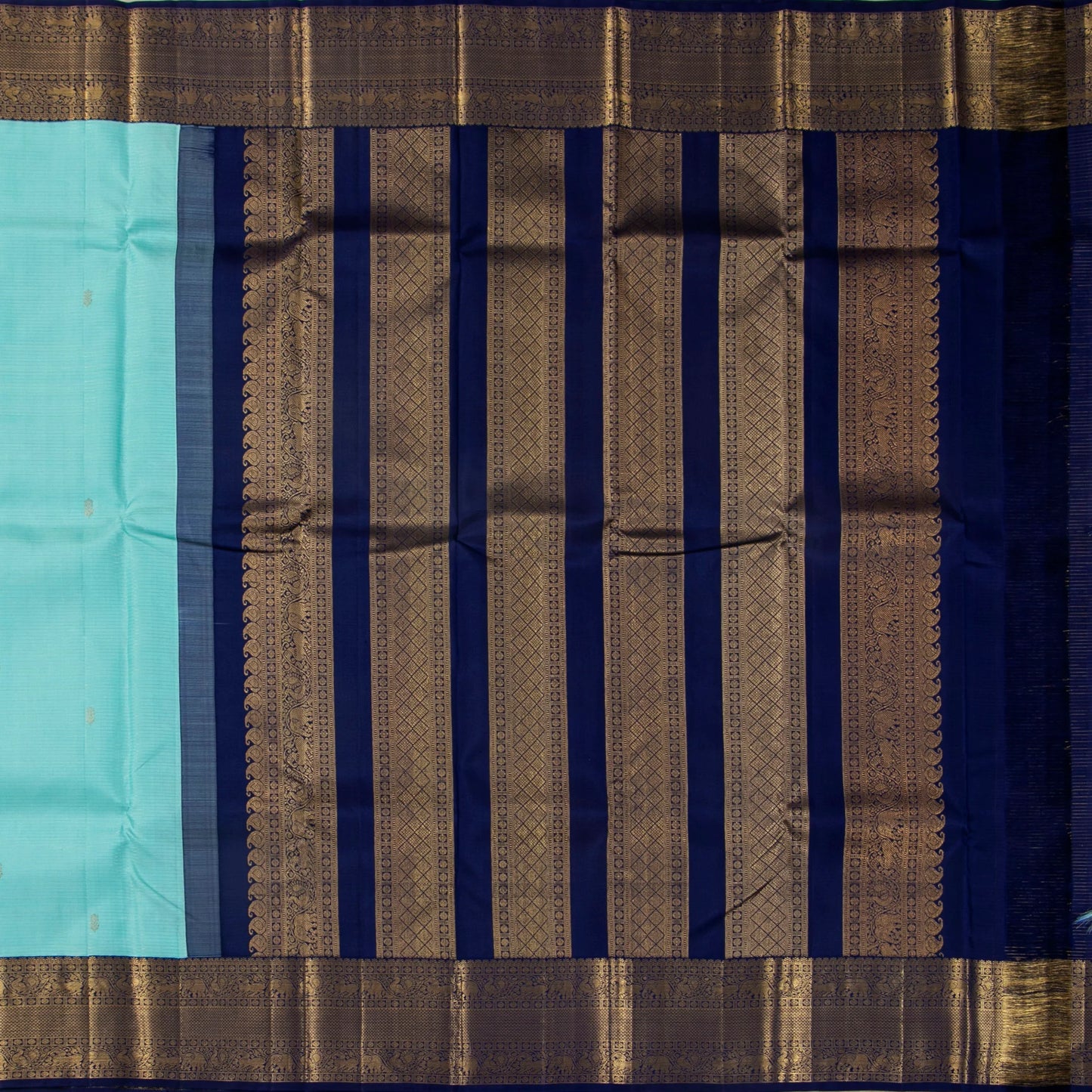 Turquoise And Dark Blue Kanchipuram Silk Saree With Vaira Oosi Zari Stripes For Wedding Wear PV NYC 1806
