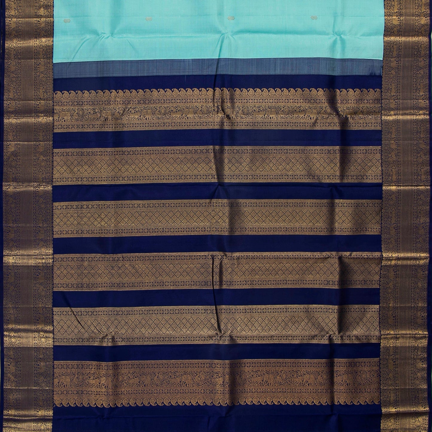 Turquoise And Dark Blue Kanchipuram Silk Saree With Vaira Oosi Zari Stripes For Wedding Wear PV NYC 1806