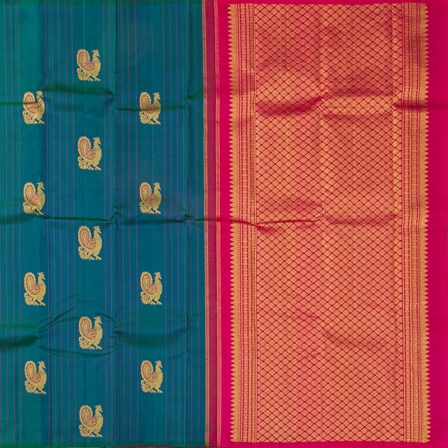 Maiyilkazhuthu Blue And Pink Borderless Kanchipuram Silk Saree For Festive Wear PV NYC 1819