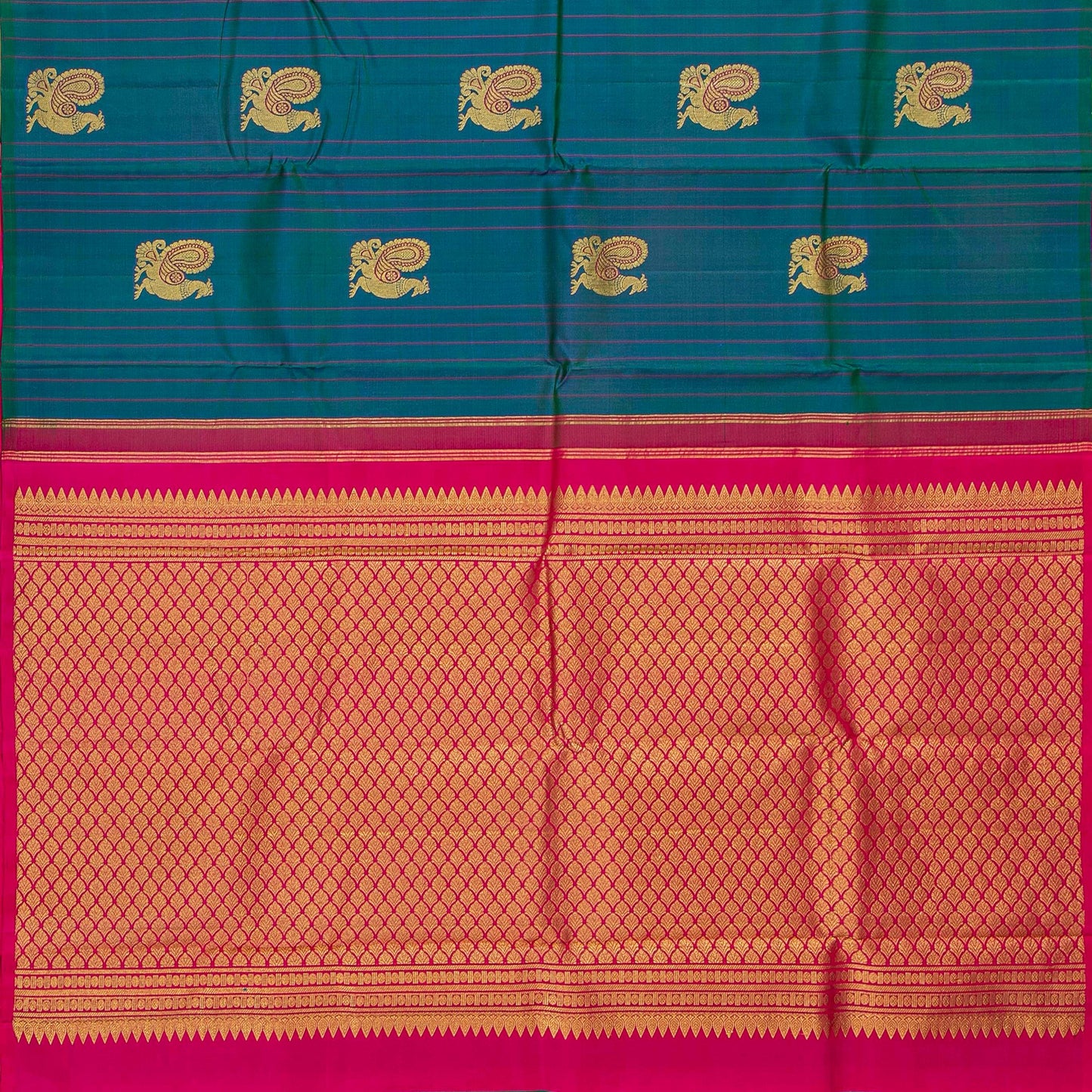 Maiyilkazhuthu Blue And Pink Borderless Kanchipuram Silk Saree For Festive Wear PV NYC 1819