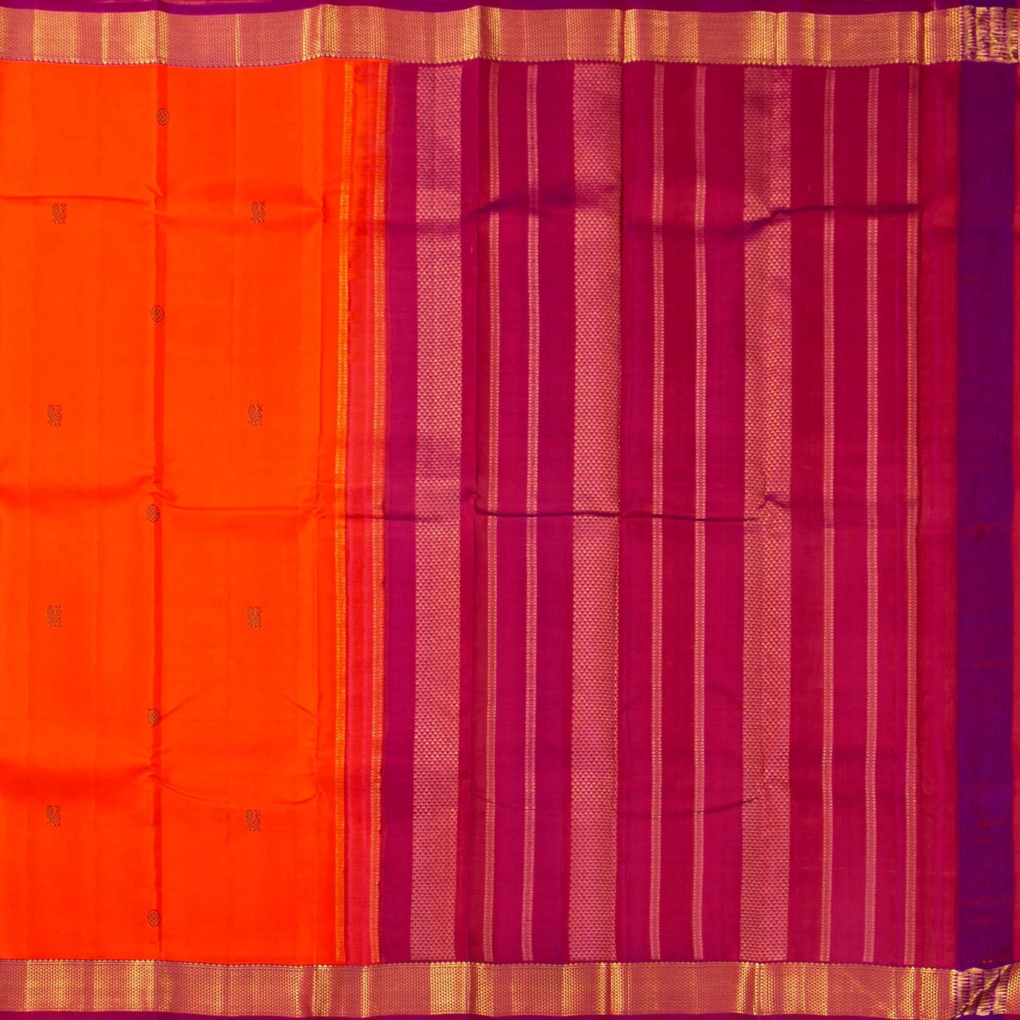Orange And Magenta Kanchipuram Silk Saree With Arai Maadam Borders For Festive Wear PV NYC 1774