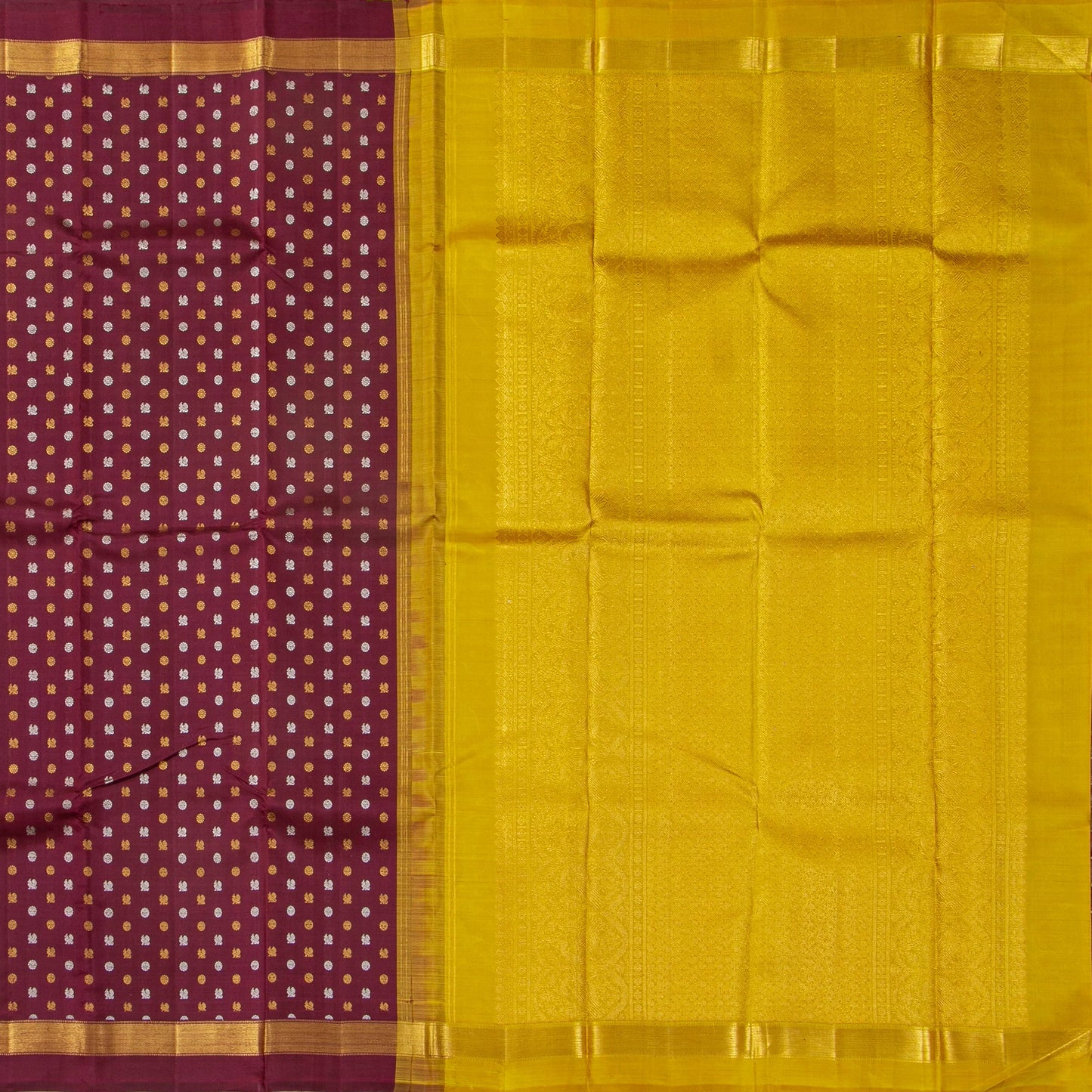 Maroon And Mustard Kanchipuram Silk Saree With Zari Buttas For Wedding Wear PV NYC 1743 - Silk Sari - Panjavarnam 