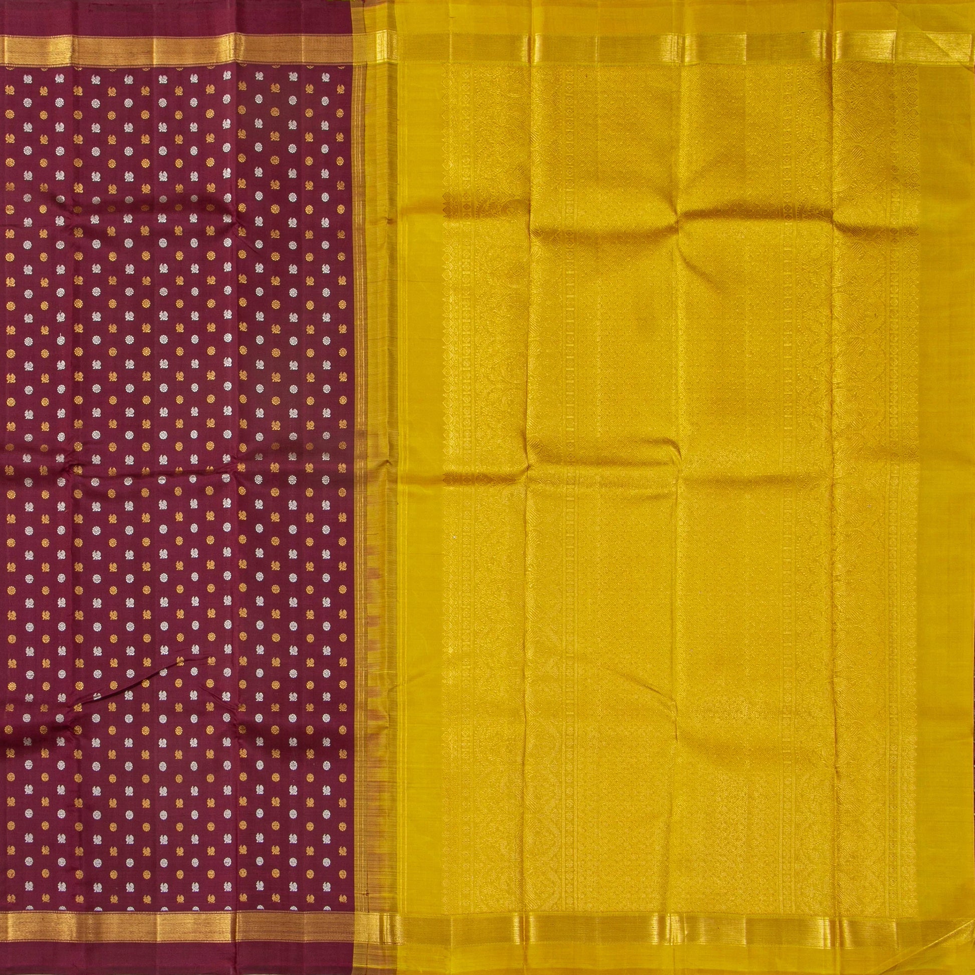 Maroon And Mustard Kanchipuram Silk Saree With Zari Buttas For Wedding Wear PV NYC 1743 - Silk Sari - Panjavarnam 