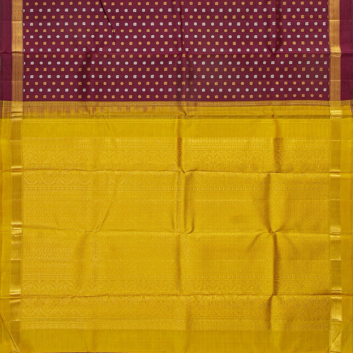 Maroon And Mustard Kanchipuram Silk Saree With Zari Buttas For Wedding Wear PV NYC 1743 - Silk Sari - Panjavarnam 