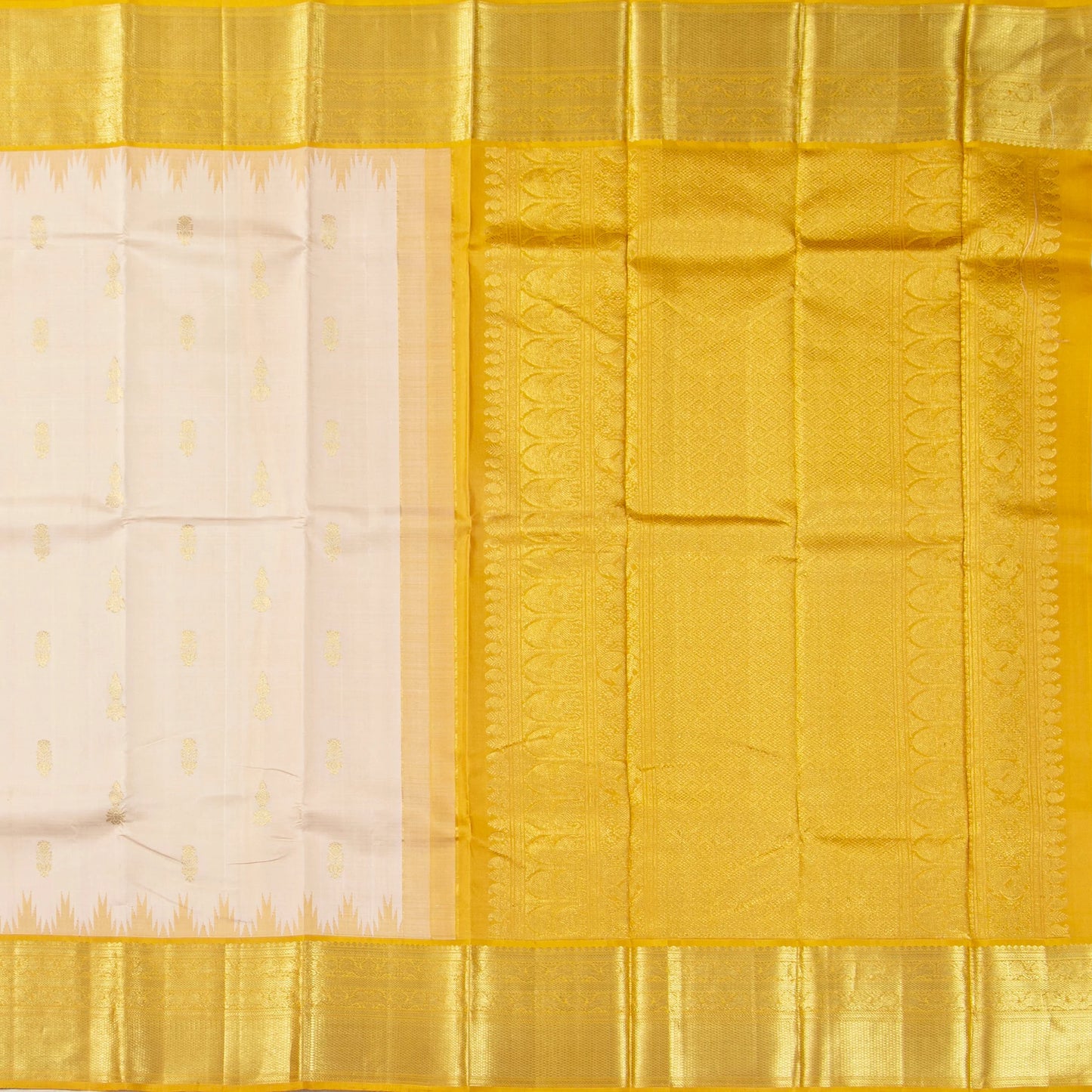 Off White And Mustard Kanchipuram Silk Sareee With Temple Korvai Border For Wedding Wear PV NYC 1757 - Silk Sari - Panjavarnam PV NYC 1757