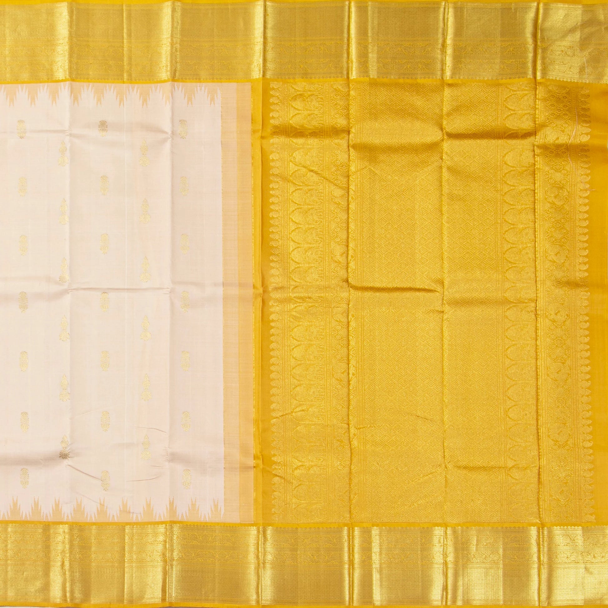 Off White And Mustard Kanchipuram Silk Sareee With Temple Korvai Border For Wedding Wear PV NYC 1757 - Silk Sari - Panjavarnam PV NYC 1757