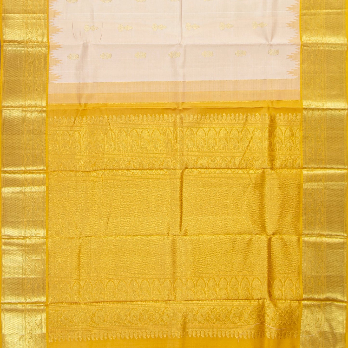 Off White And Mustard Kanchipuram Silk Sareee With Temple Korvai Border For Wedding Wear PV NYC 1757 - Silk Sari - Panjavarnam PV NYC 1757