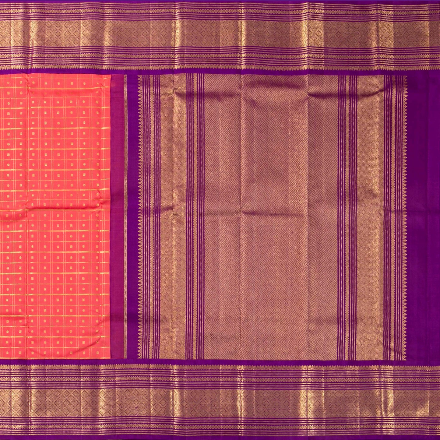 Peach And Purple Kanchipuram Silk Saree With Zari Checks For Bridal Wear PV NYC 1783