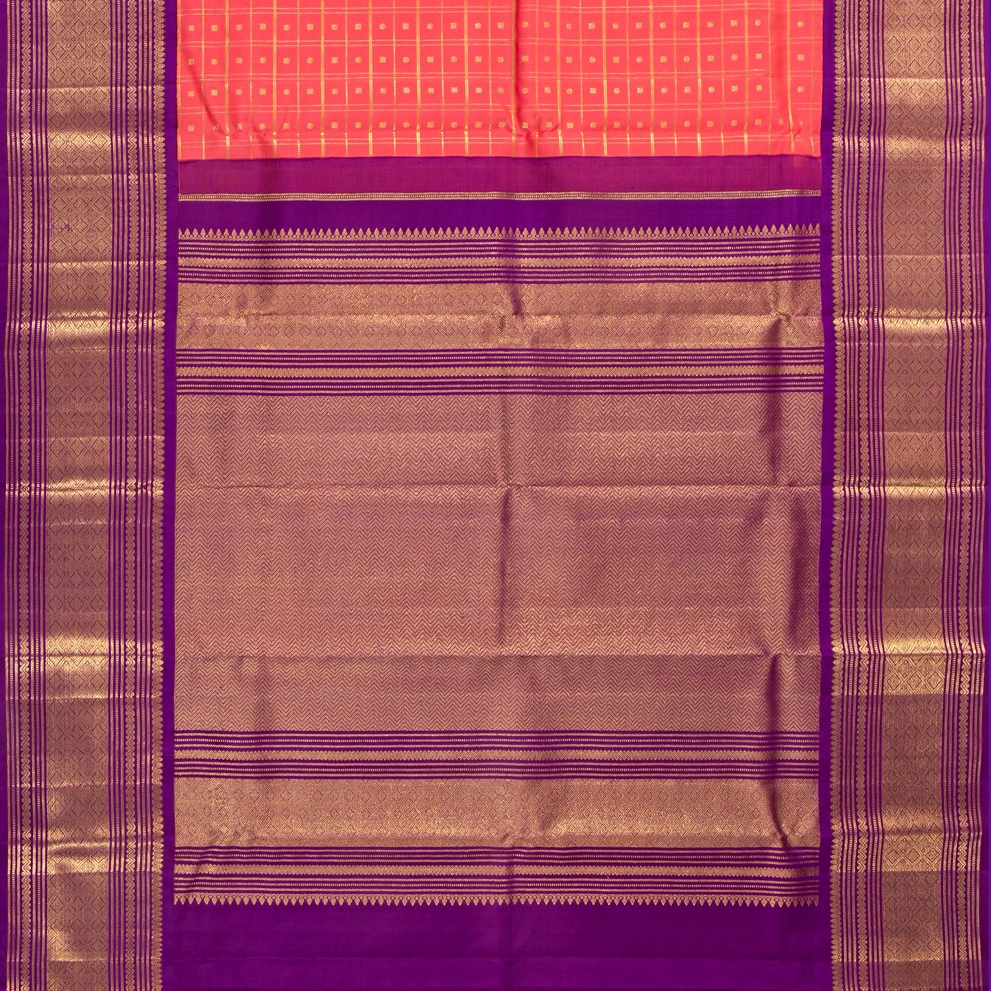 Peach And Purple Kanchipuram Silk Saree With Zari Checks For Bridal Wear PV NYC 1783