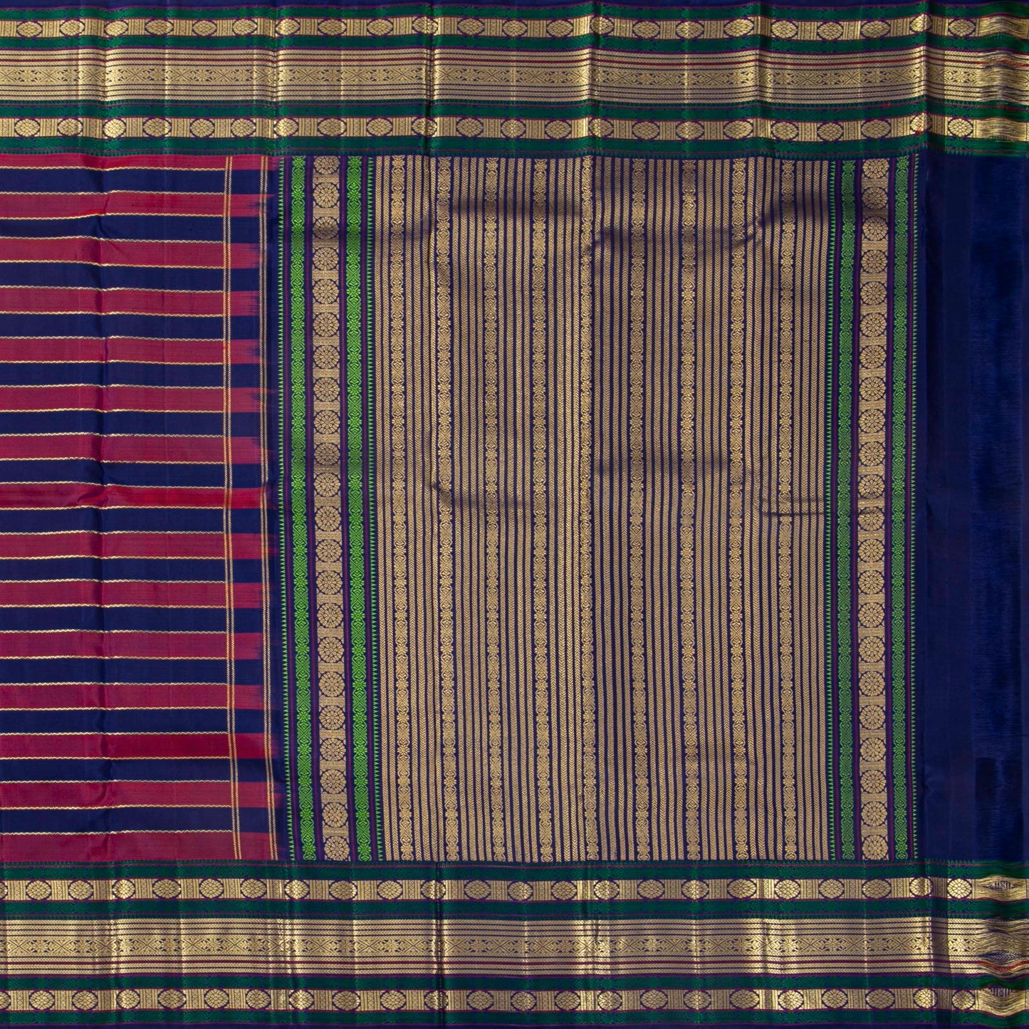 Navy Blue And Magenta Kanchipuram Silk Saree With Veldhari Stripes For Festive Wear PV NYC 1781