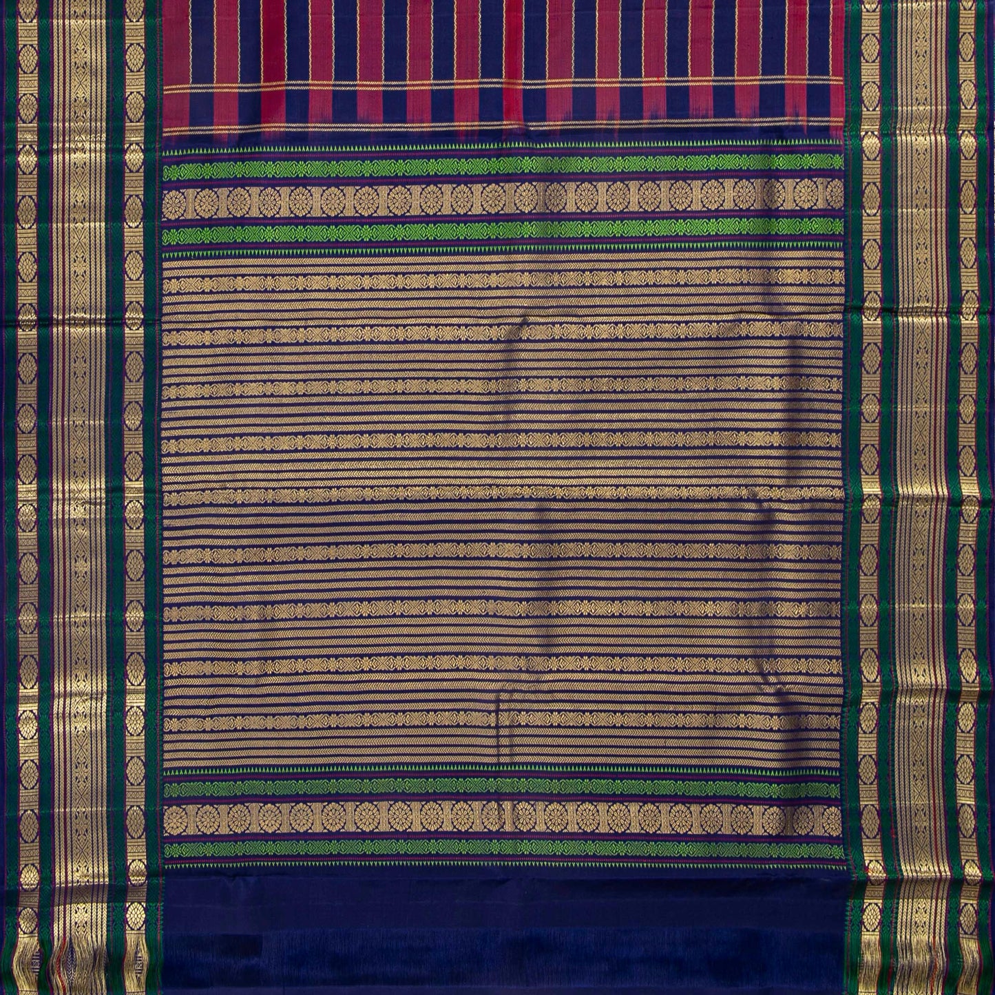 Navy Blue And Magenta Kanchipuram Silk Saree With Veldhari Stripes For Festive Wear PV NYC 1781