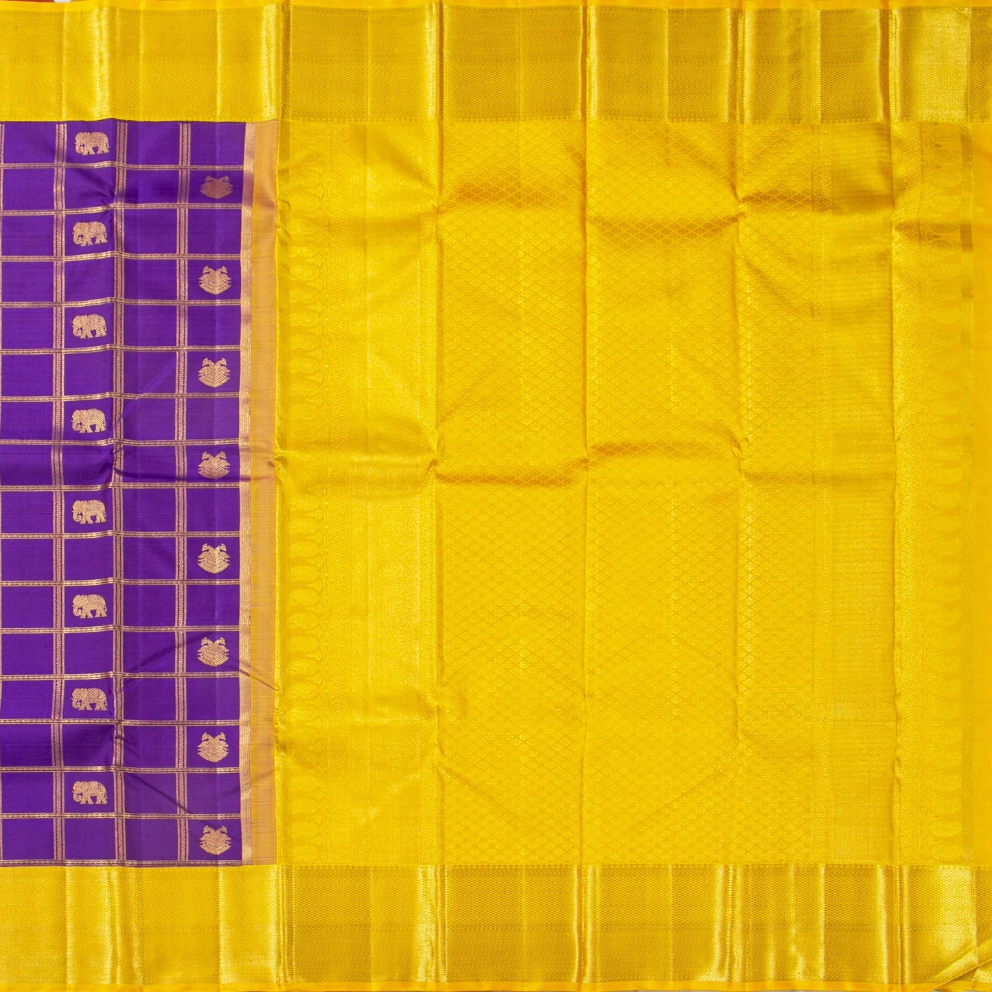 Violet And Yellow Kanchipuram Silk Saree With Zari Checks For Bridal Wear PV NYC 1762