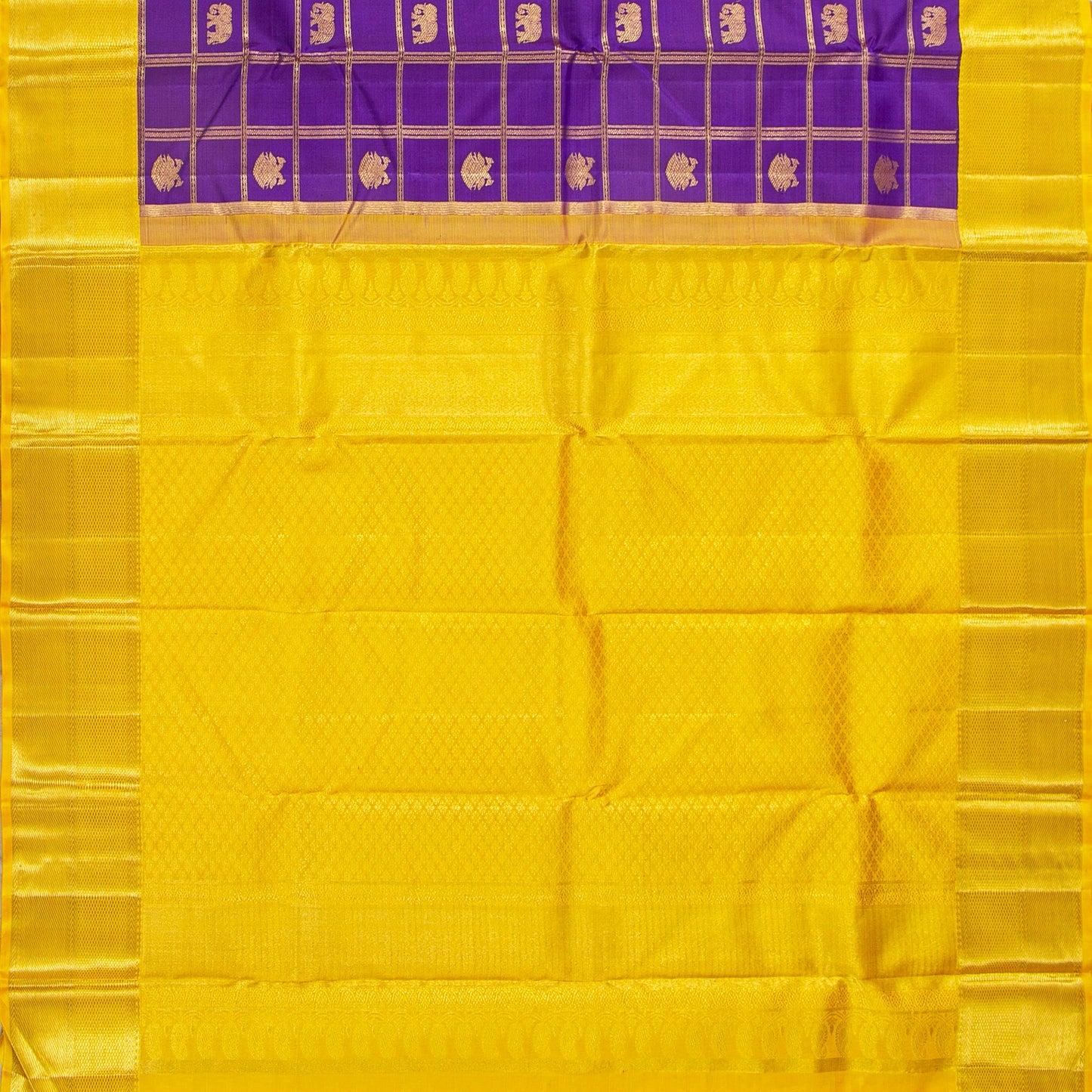Violet And Yellow Kanchipuram Silk Saree With Zari Checks For Bridal Wear PV NYC 1762