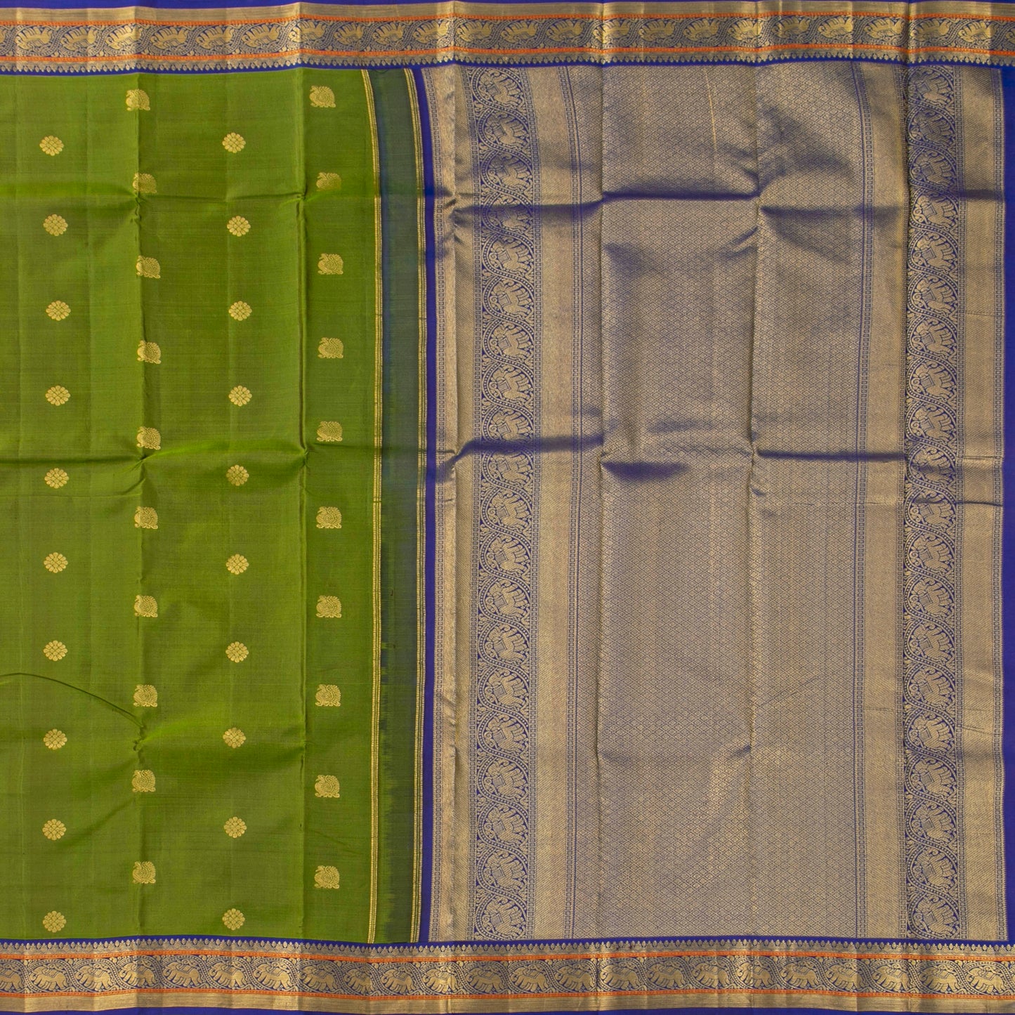 Olive Green And Royal Blue Kanchipuram Silk Saree For Festive Wear PV NYC 1815