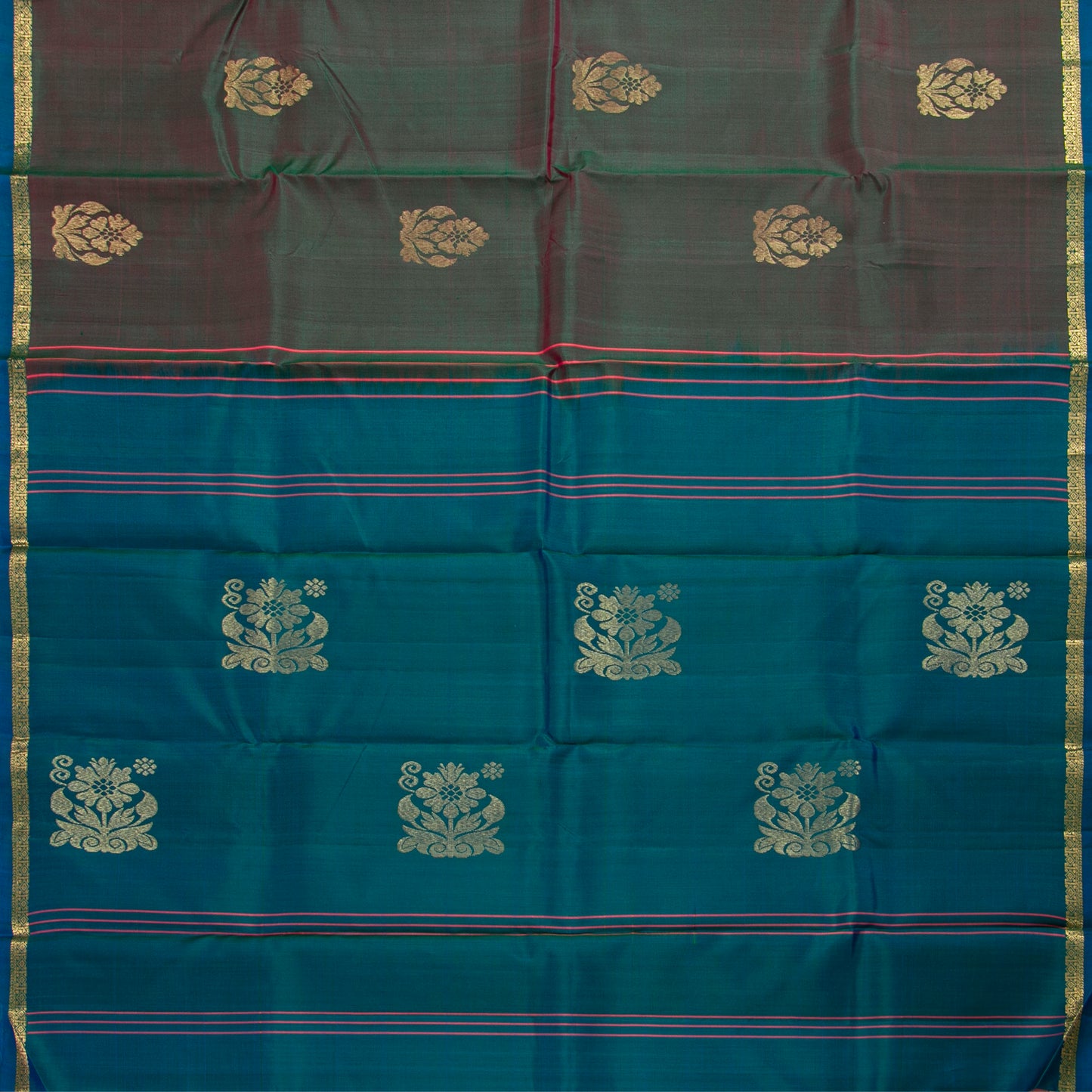 Brown And Teal Dual Shade Kanchipuram Silk Saree For Festive Wear PV NYC 1875