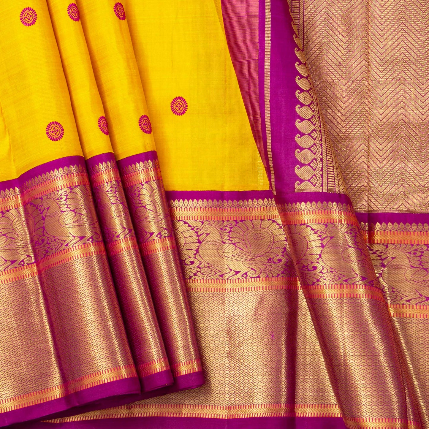 Yellow And Purple Kanchipuram Silk Saree With Long Border For Wedding Wear PV NYC 1799 - Silk Sari - Panjavarnam PV NYC 1799
