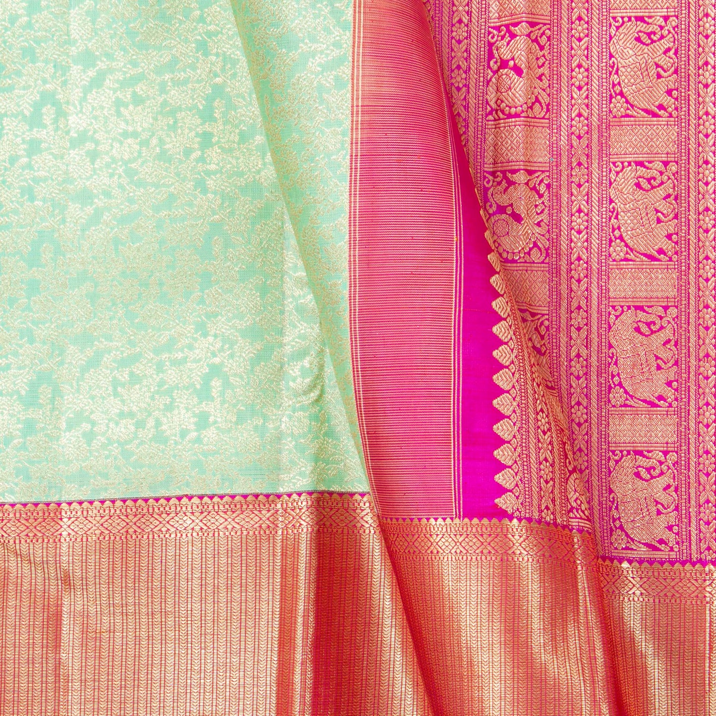 Pastel Green And Pink Kanchipuram Silk Saree For Bridal Wear PV NYC 1833
