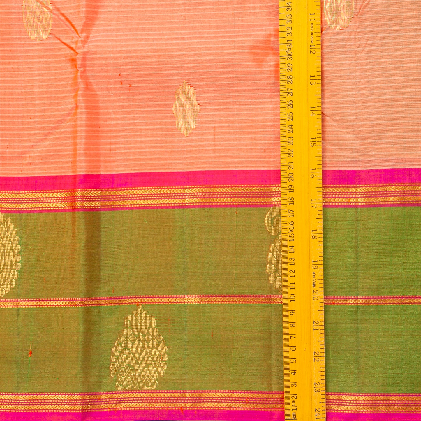 Peach And Green Kanchipuram Silk Saree With Self Stripes For Festive Wear PV NYC 1859