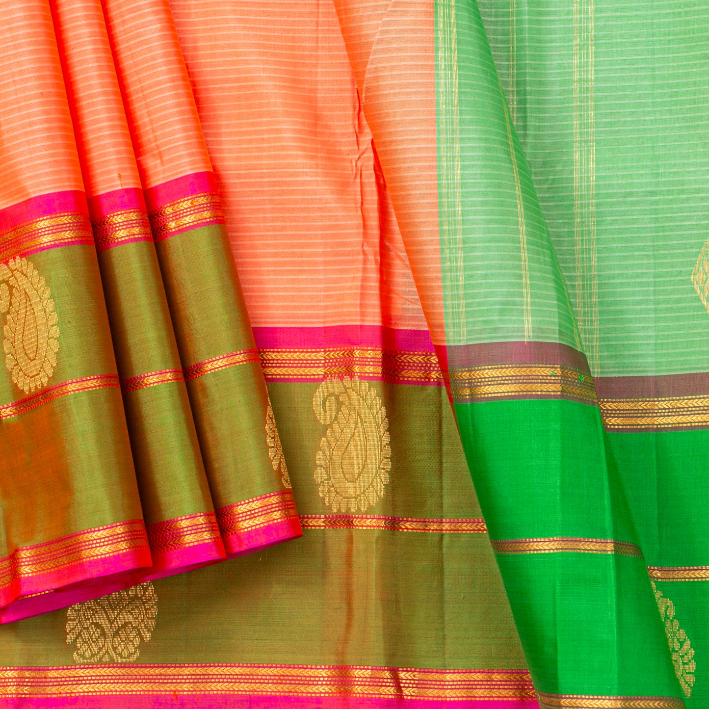 Peach And Green Kanchipuram Silk Saree With Self Stripes For Festive Wear PV NYC 1859
