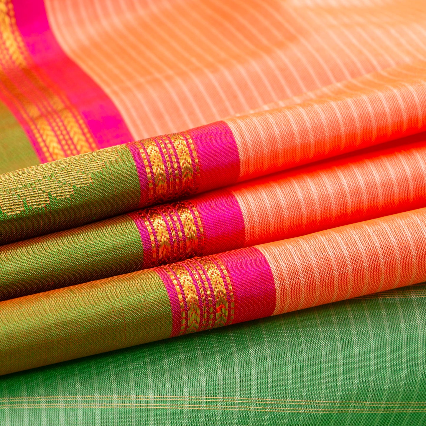 Peach And Green Kanchipuram Silk Saree With Self Stripes For Festive Wear PV NYC 1859