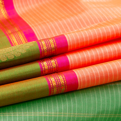 Peach And Green Kanchipuram Silk Saree With Self Stripes For Festive Wear PV NYC 1859