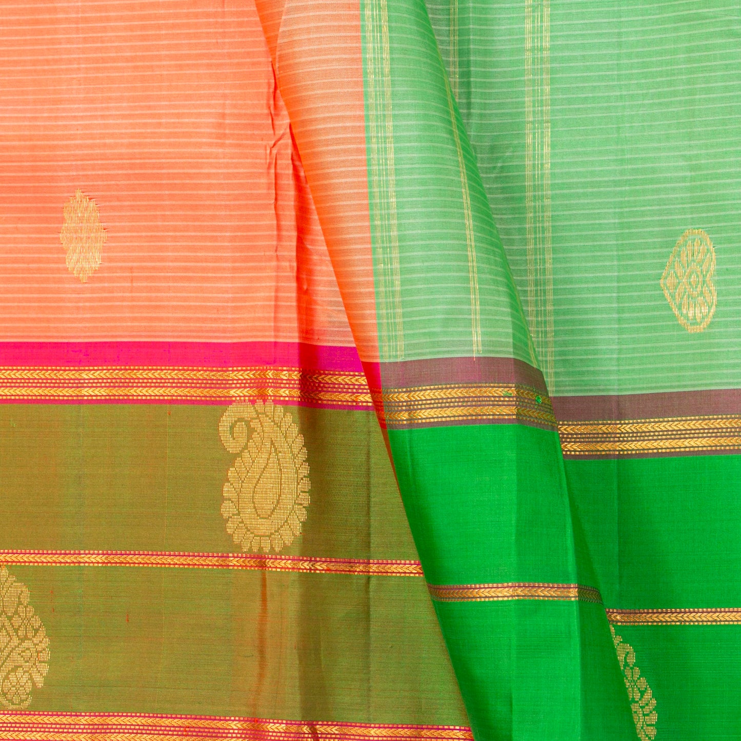 Peach And Green Kanchipuram Silk Saree With Self Stripes For Festive Wear PV NYC 1859