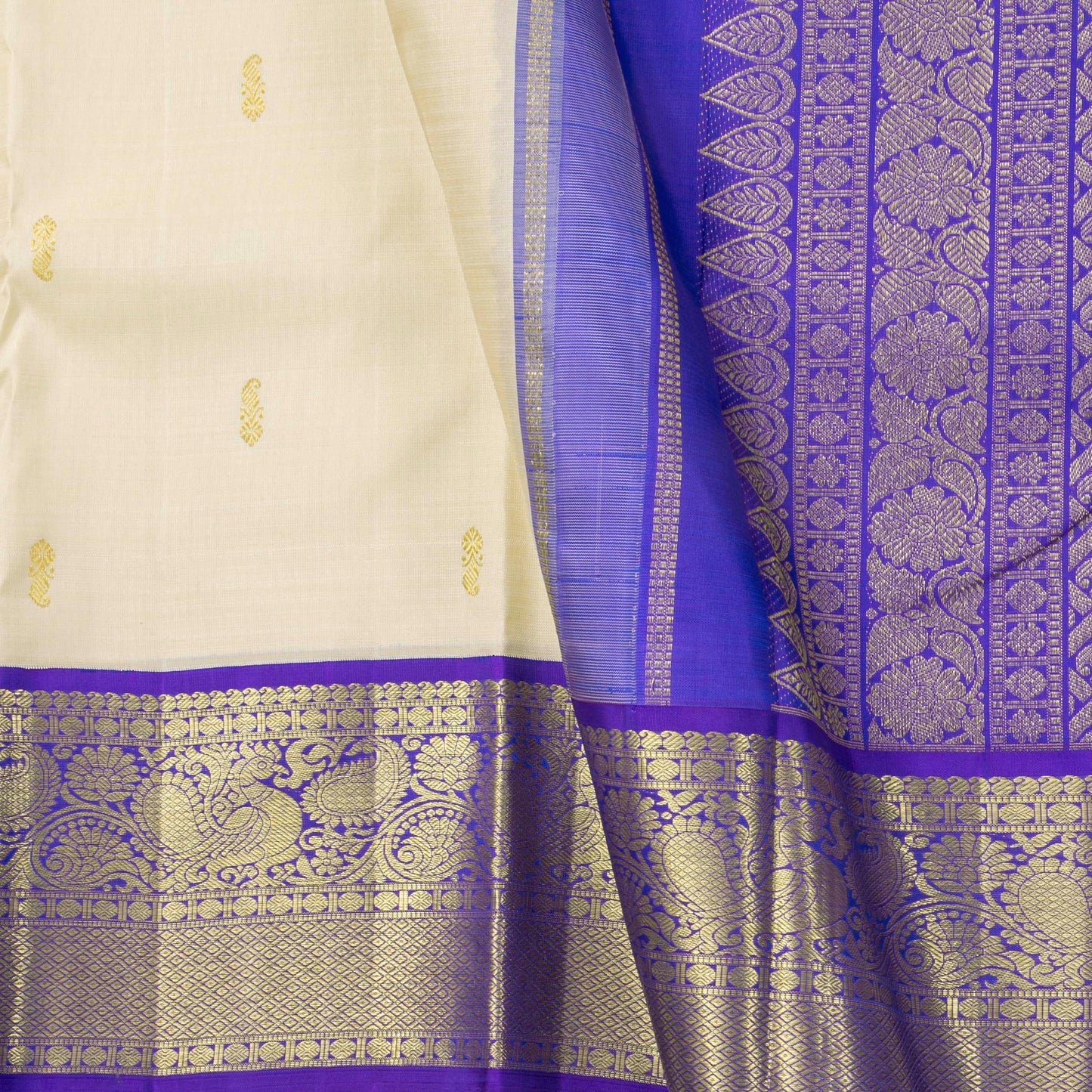 Cream And Violet Kanchipuram Silk Saree For Festive Wear PV NYC 1748