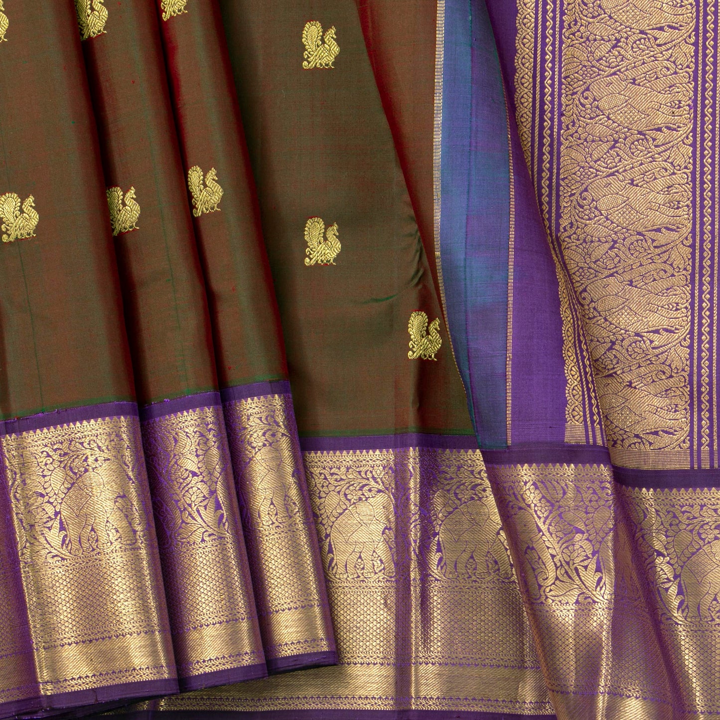 Manthulir Green And Purple Kanchipuram Silk Saree With Annapakshi Motifs For Wwdding Wear PV NYC 1845