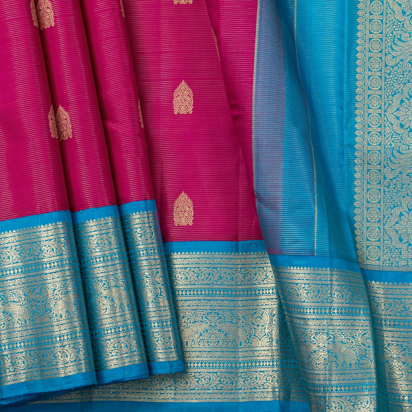 Pink And Cobalt Blue Kanchipuram Silk Saree With Vaira Oosi Zari Stripes For Wedding Wear PV NYC 1760 - Silk Sari - Panjavarnam PV NYC 1760