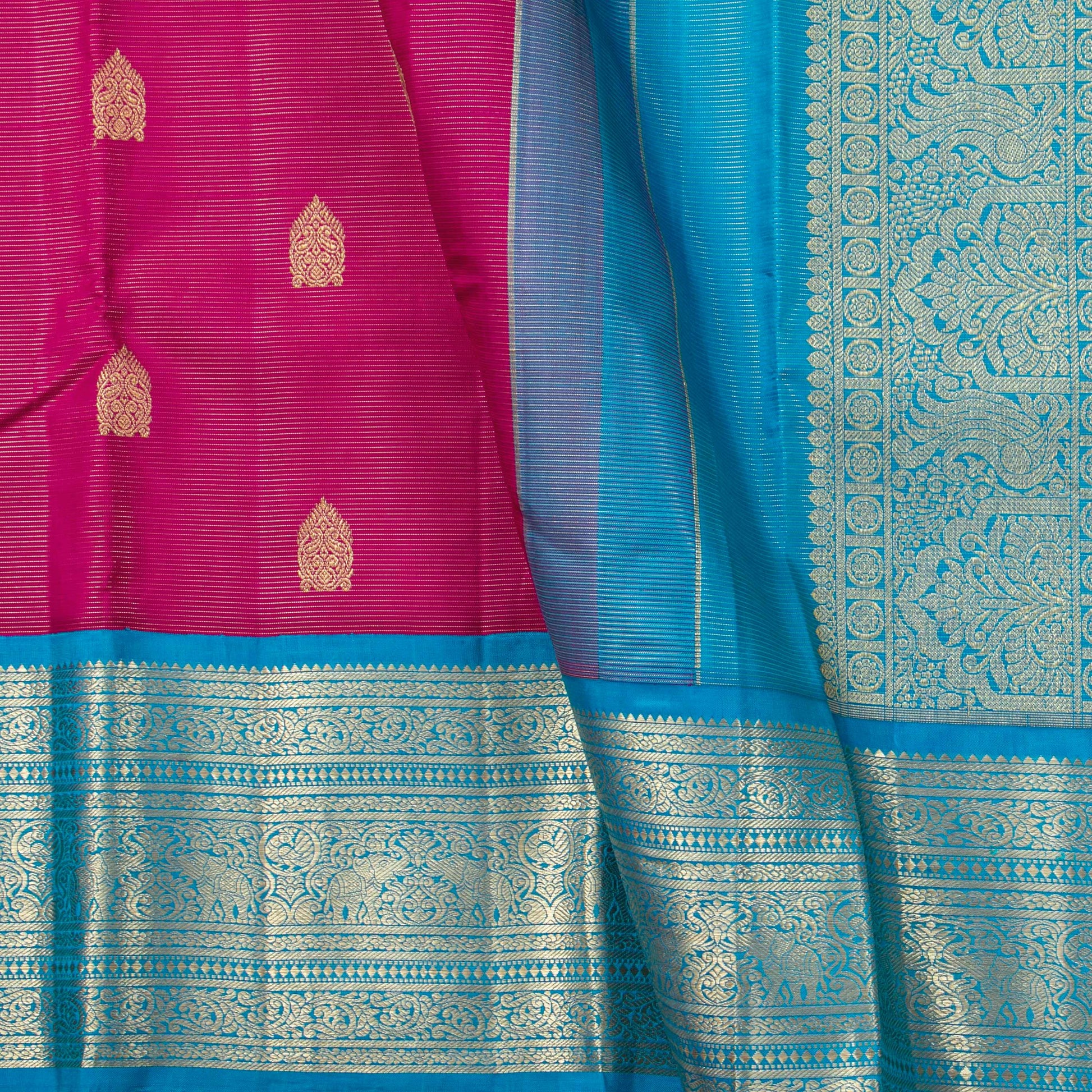 Pink And Cobalt Blue Kanchipuram Silk Saree With Vaira Oosi Zari Stripes For Wedding Wear PV NYC 1760 - Silk Sari - Panjavarnam PV NYC 1760