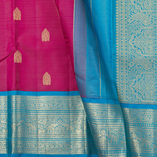 Pink And Cobalt Blue Kanchipuram Silk Saree With Vaira Oosi Zari Stripes For Wedding Wear PV NYC 1760 - Silk Sari - Panjavarnam PV NYC 1760
