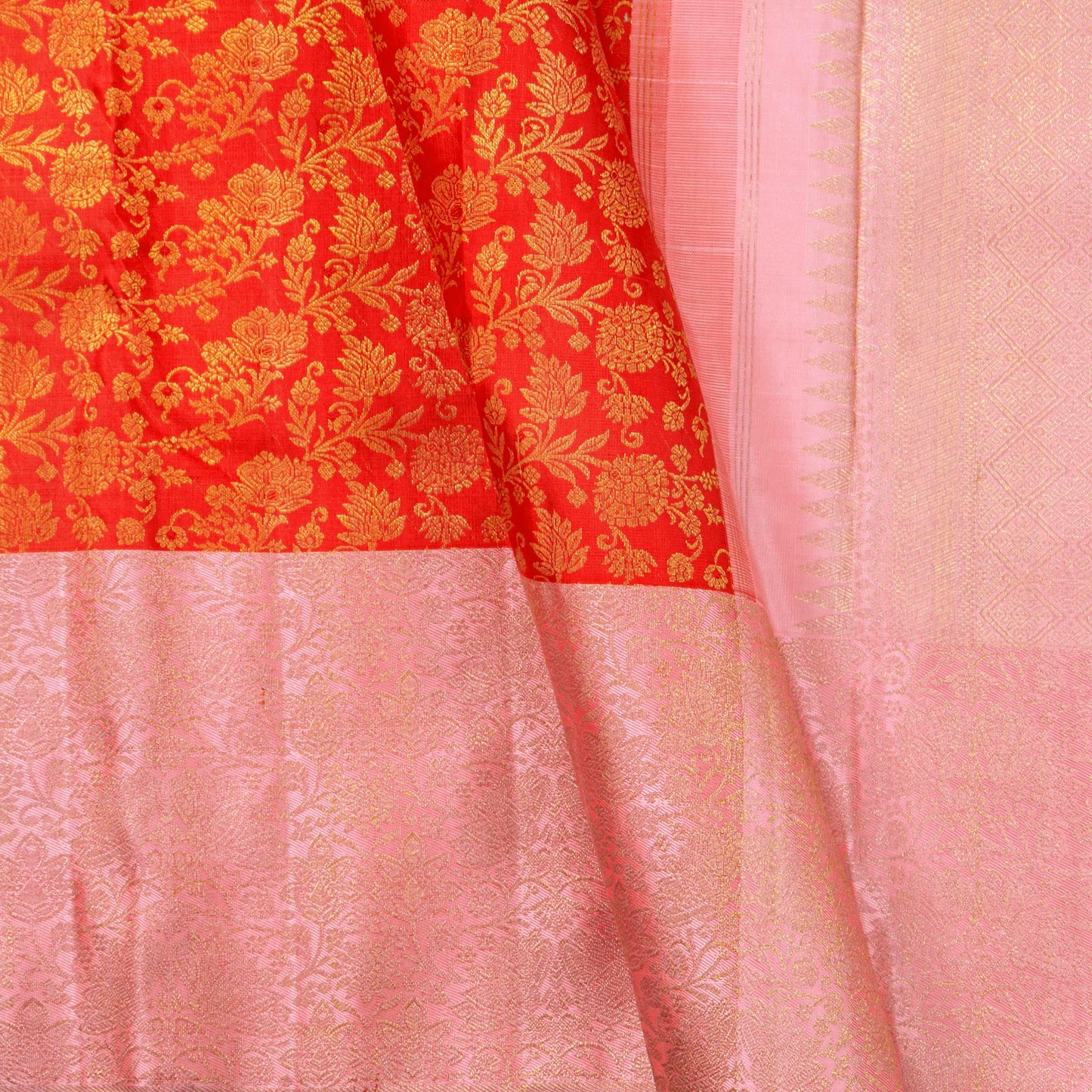 Orange And Pastel Pink Kanchipuram Silk Saree For Bridal Wear PV NYC 1764 - Silk Sari - Panjavarnam PV NYC 1764