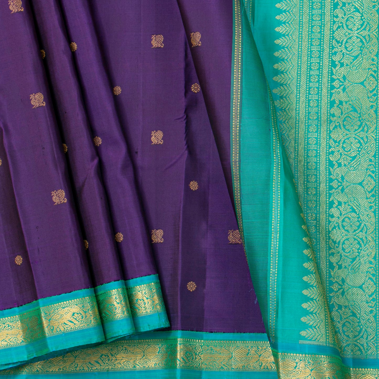 Purple And Turquoise Green Kanchipuram Silk Saree For Festive Wear PV NYC 1889