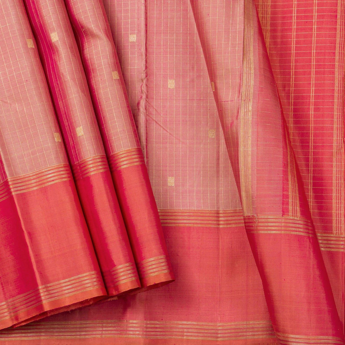 Pastel Pink And Peach Kanchipuram Silk Saree With Zari Checks For Festive Wear PV NYC 1835
