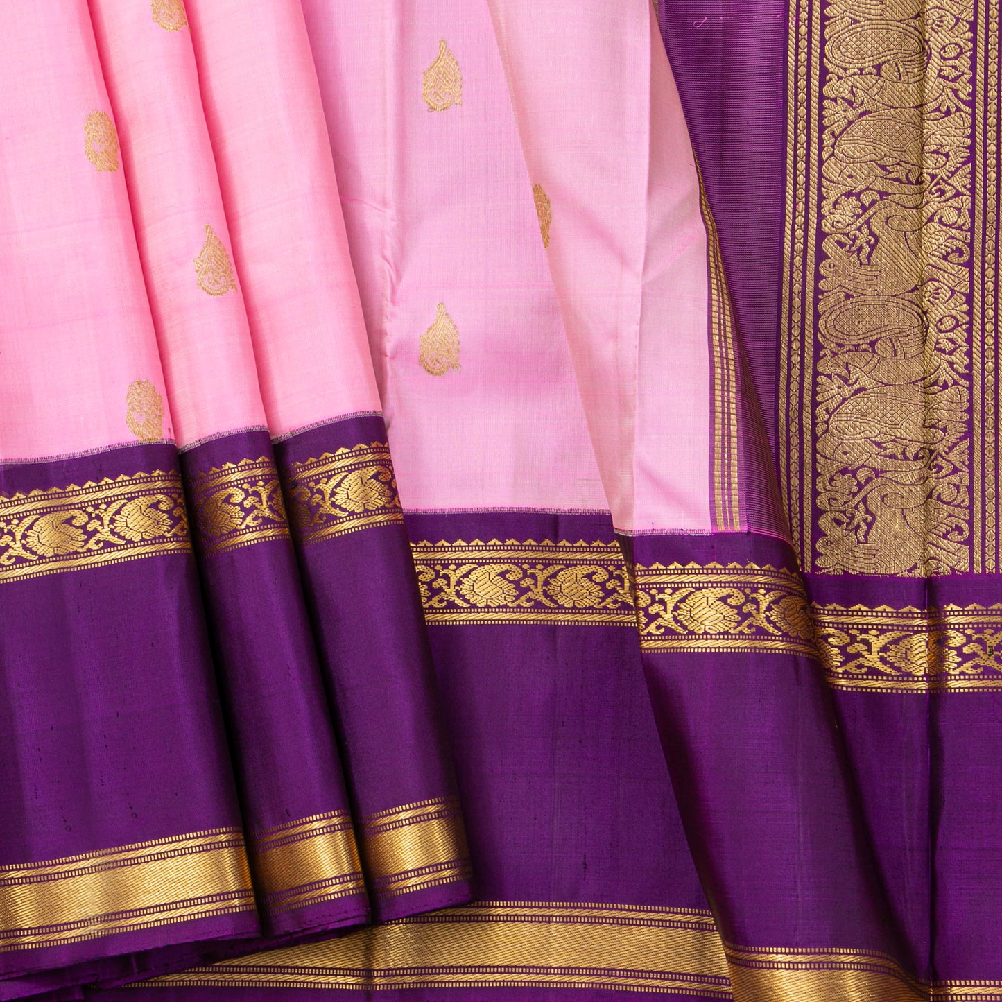 Lotus Pink And Violet Kanchipuram Silk Saree With Korvai Contrast Borders For Festive Wear PV NYC 1824