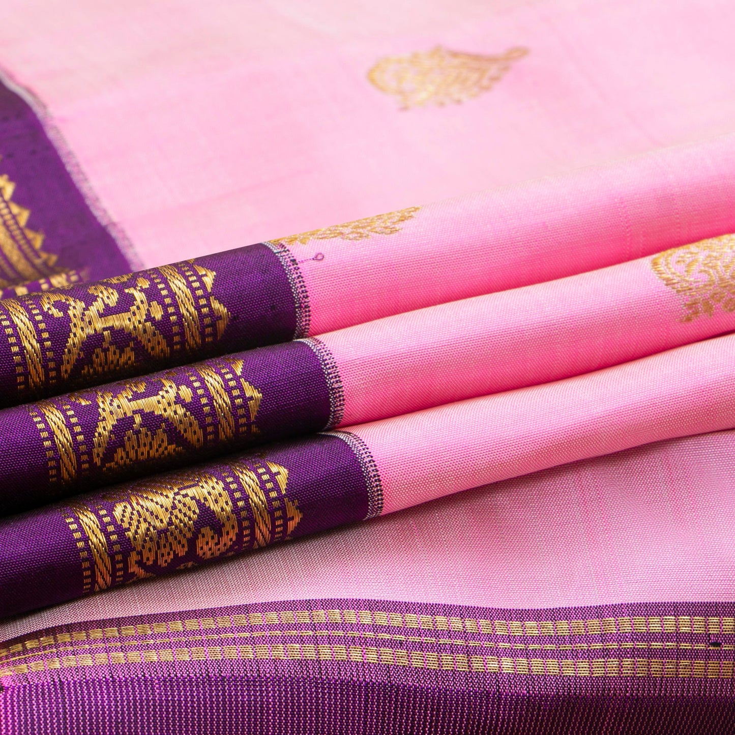 Lotus Pink And Violet Kanchipuram Silk Saree With Korvai Contrast Borders For Festive Wear PV NYC 1824