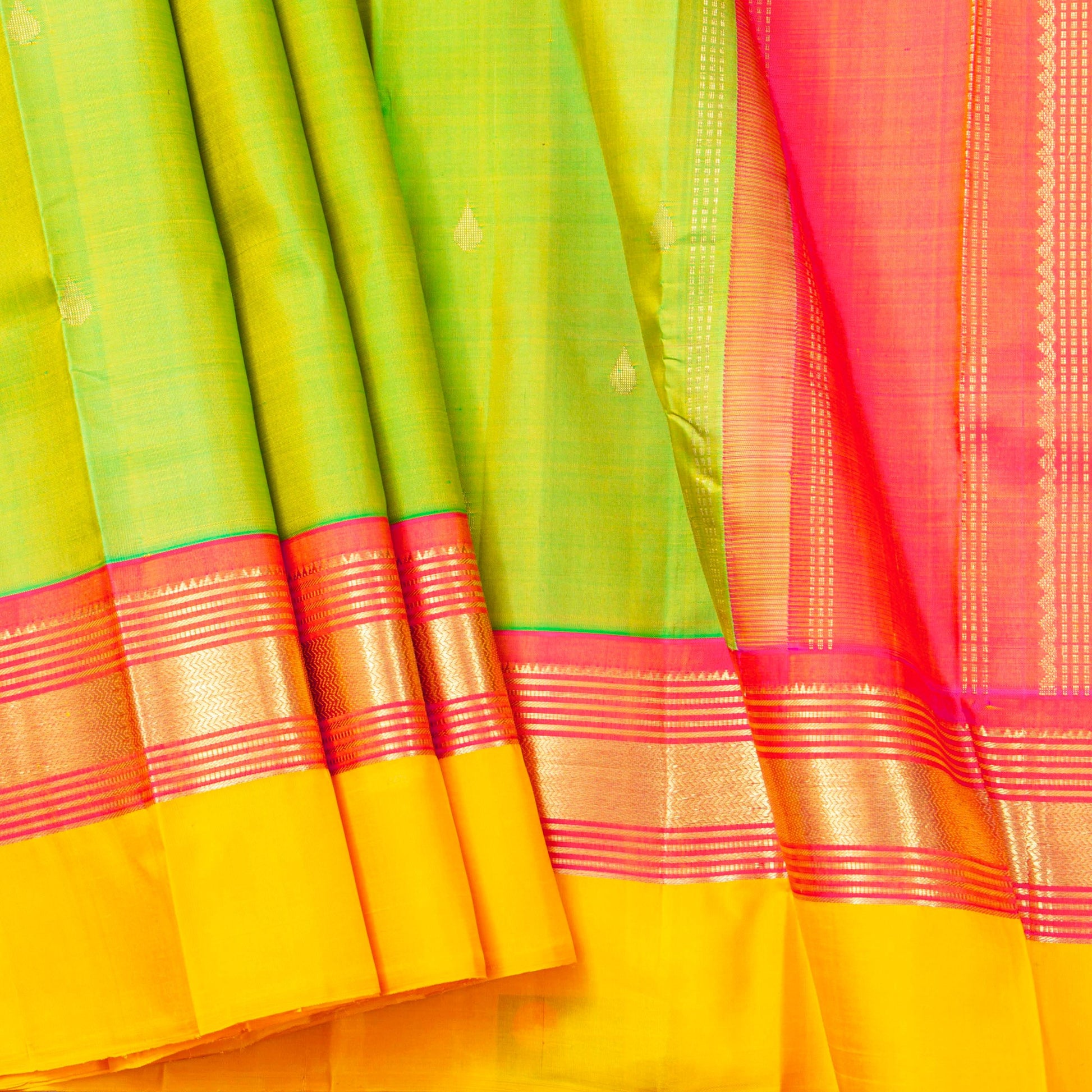 Green And Peach Kanchipuram Silk Saree For Festive Wear PV NYC 1936 - Silk Sari - Panjavarnam PV NYC 1936