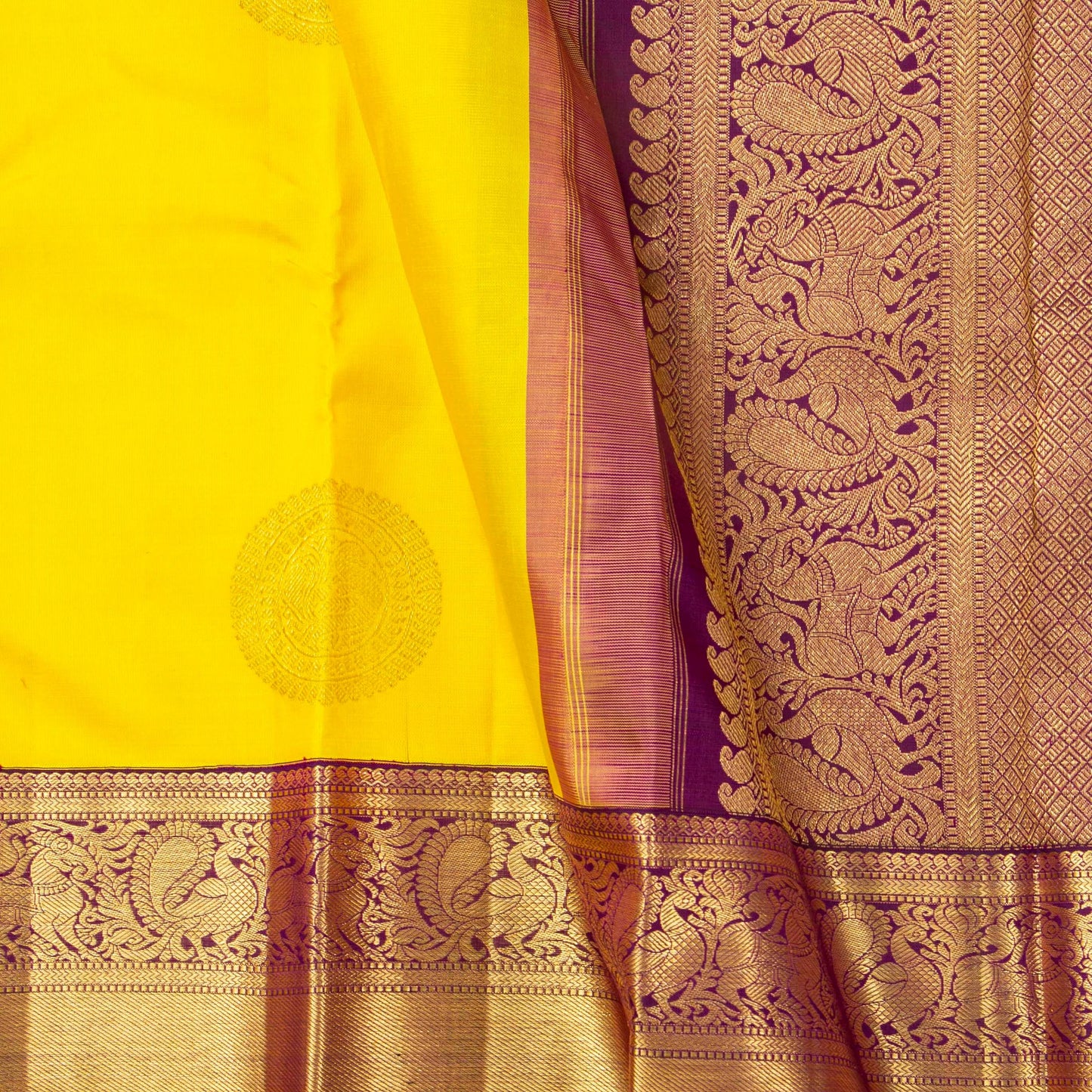 Yellow And Purple Kanchipuram Silk Saree For Wedding Wear PV NYC 1756 - Silk Sari - Panjavarnam PV NYC 1756
