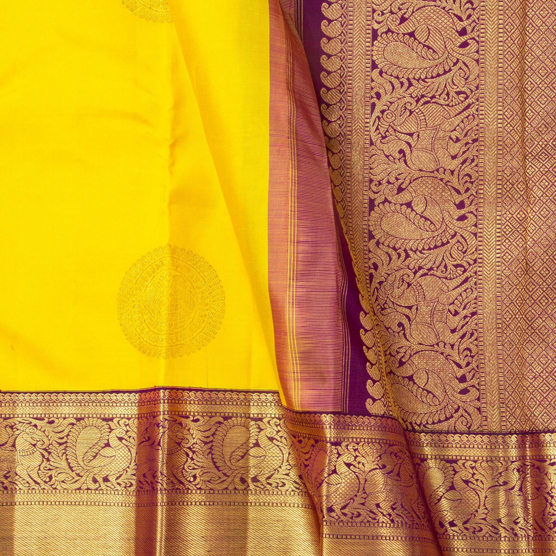 Yellow And Purple Kanchipuram Silk Saree For Wedding Wear PV NYC 1756 - Silk Sari - Panjavarnam PV NYC 1756