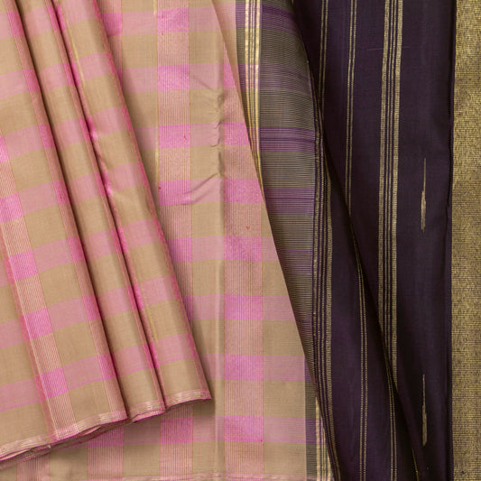 Beige And Pastel Pink Checked Kanchipuram Silk Saree For Wedding Wear PV NYC 1808