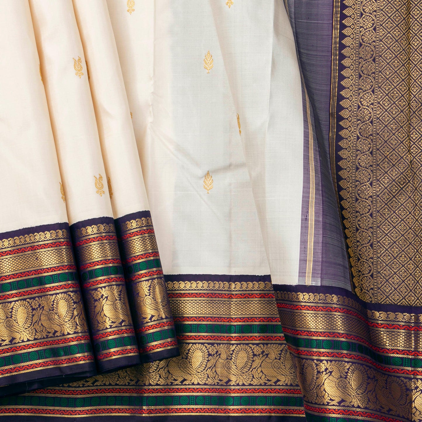 Off White And Aubergine Kanchipuram Silk Saree With Korvai Contrast Borders For Wedding Wear PV NYC 1750