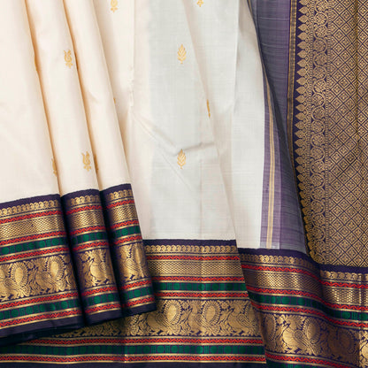 Off White And Aubergine Kanchipuram Silk Saree With Korvai Contrast Borders For Wedding Wear PV NYC 1750
