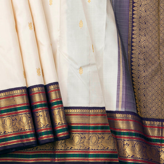 Off White And Aubergine Kanchipuram Silk Saree With Korvai Contrast Borders For Wedding Wear PV NYC 1750