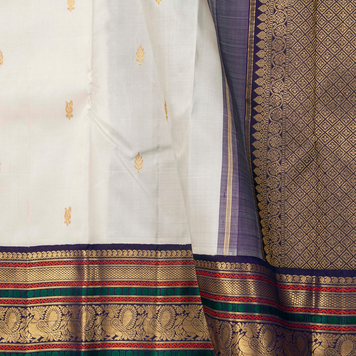 Off White And Aubergine Kanchipuram Silk Saree With Korvai Contrast Borders For Wedding Wear PV NYC 1750
