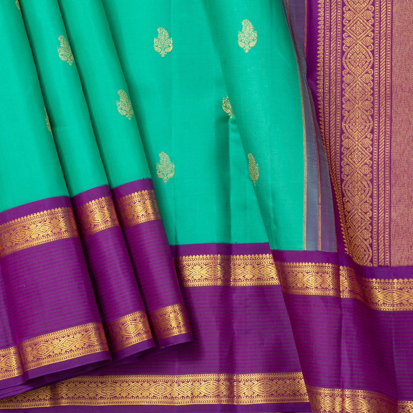 Sea Green And Purple Kanchipuram Silk Saree With Rettai Pettu Border For Festive Wear PV NYC 1847